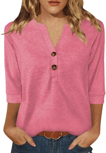 Miniatura 13 de Dimur Camisetas de manga 3/4 con cuello en V y botones para mujer, traje casual de negocios, camiseta básica de verano 2025