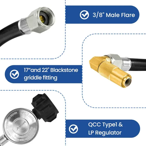 Miniatura 2 de Manguera adaptadora de propano de 5 pies con regulador para parrilla Blackstone de 17/22 pulgadas, regulador de parrilla de gas y manguera