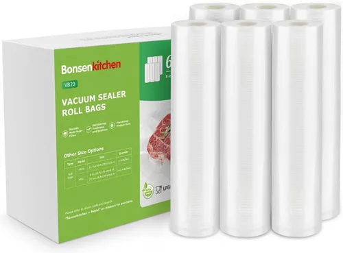 Bonsenkitchen [2025 Actualizado] 6 Rollos 20,32 cm x 4,88 m de Bolsas Selladoras al Vacío para Alimentos con Caja de Color, Fáciles de Almacenar,