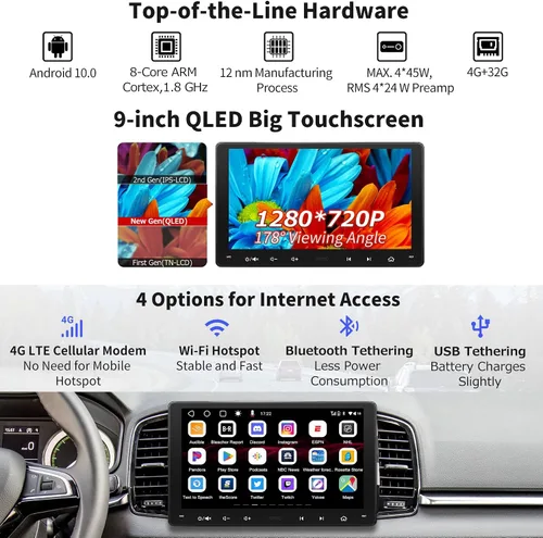 Miniatura 2 de 8-Core 9" QLED pantalla táctil doble DIN Android estéreo para coche y cámara frontal 1080P, S8 Gen3 4G+32G AI Chat inalámbrico CarPlay Android Auto