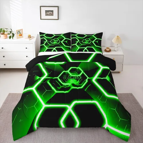 Miniatura 4 de Feelyou Juego de ropa de cama de panal de abeja, tamaño individual, juego de edredón hexagonal verde para niños y niñas, decoración geométrica