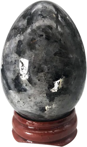 Miniatura 9 de Fekuar Figura de huevo de piedra, cristal curativo pulido, escultura de esfera con soporte de madera, obsidiana negra natural, 1.8 pulgadas