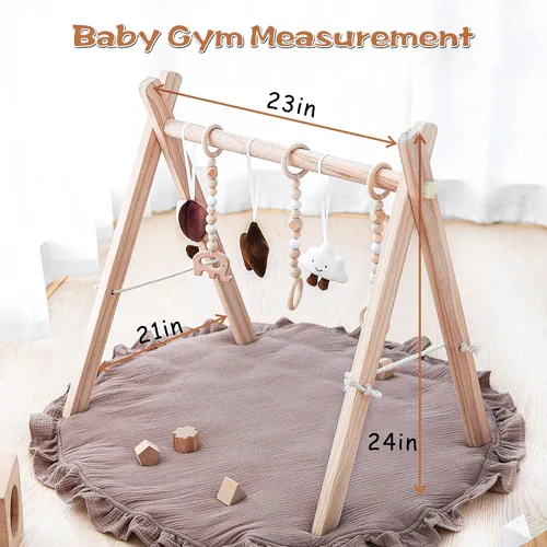Miniatura 12 de Razee Alfombra de madera para jugar al gimnasio, gimnasio plegable para bebés con 6 juguetes sensoriales colgantes para regalo de despedida