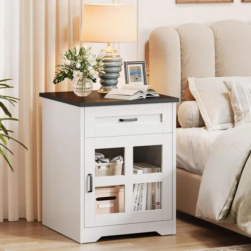 Miniatura 7 de Mesa auxiliar de granja de 18 pulgadas, mesa auxiliar estrecha para sofá con cajón y puerta de granero, mesita de noche de madera para sala de estar