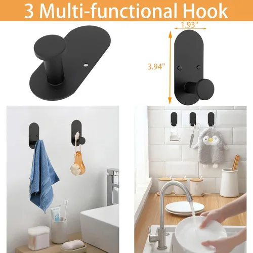 Miniatura 6 de TocTen Juego de 5 toallas para montar en la pared o autoadhesivas, juego de accesorios de baño de acero inoxidable que incluye toallero de 16 Negro