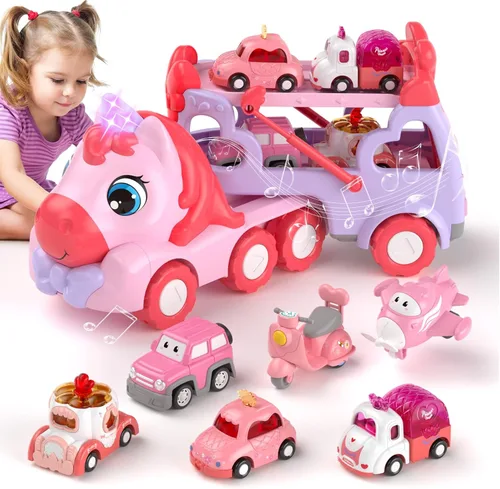 newcrave Camión transportador 7 en 1 de juguetes para niñas de 1, 2, 3 años, regalos de cumpleaños, juguetes de princesa para niños pequeños de 1 a
