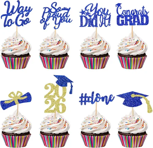 32 adornos para cupcakes de graduación 2026, color azul y dorado, para la clase de 2026, decoraciones para cupcakes de graduación, felicitaciones,