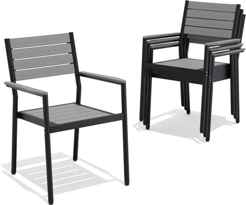 Miniatura 19 de Pellebant Juego de 2 sillas de comedor apilables para exteriores, sillas de patio de aluminio con brazos, para todo tipo de clima, para jardín, Negro