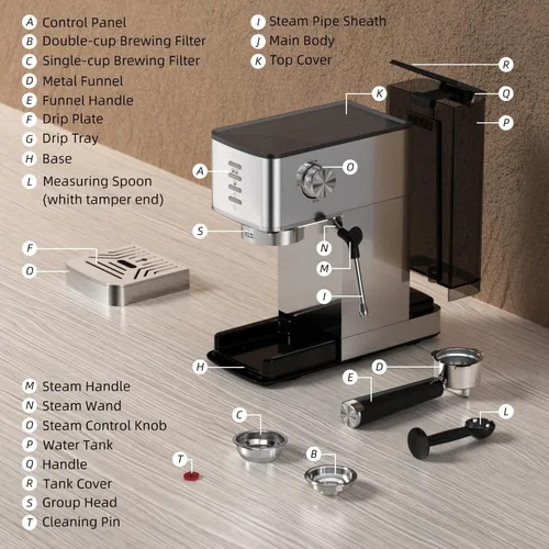 Miniatura 7 de Electactic 20 Bar Coffee Espresso Maker with Fast Cold Brew Function, Built-In Steam Wand, Smart Touch Panel, 37oz Tank for Cappuccino, Latte &
