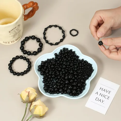 Miniatura 5 de 1200 piezas de cuentas negras, cuentas de acrílico tipo pony, cuentas redondas lisas de 4/6/8/10/12 mm para pulseras, cuentas espaciadoras de perla