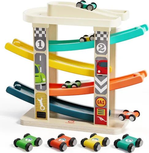 TOP Bright Juguetes de rampa de madera para niños pequeños de 1 a 2 años de edad, habilidades motoras, pistas de carreras, rampa de automóvil,