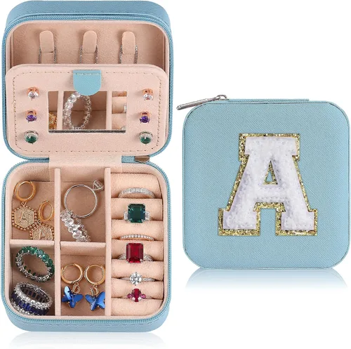Joyero personalizado con inicial, cajas de joyería azules para viajes, soporte para anillos, soporte para aretes, artículos esenciales para