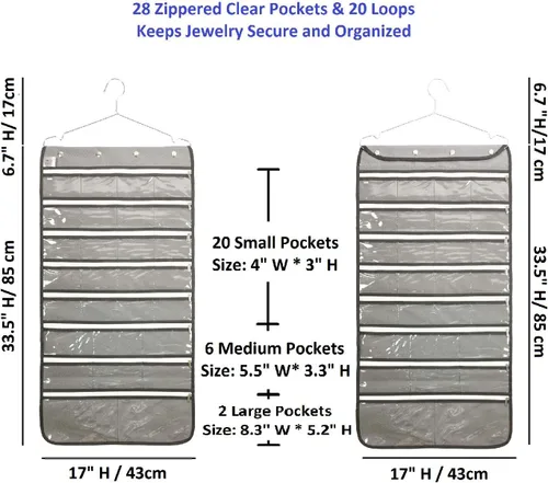 Miniatura 3 de Organizador de joyas colgante de doble cara con colgador para armario, collar, aretes, pulsera, anillo, soporte de viaje