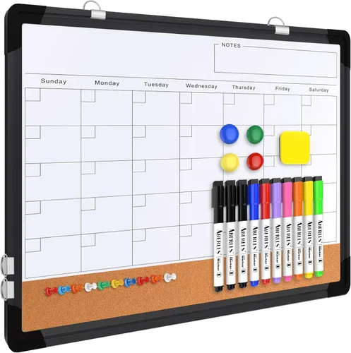 Miniatura 11 de Pizarra blanca de calendario mensual para pared, 24 x 18 pulgadas, pizarra de borrado en seco con tablero de corcho, pizarra blanca magnética, Blanco