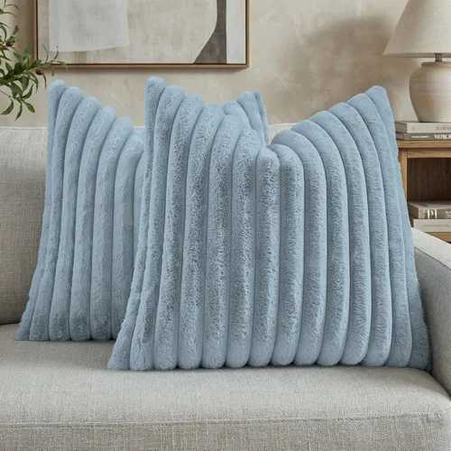 Miniatura 22 de FUTEI - Juego de 2 fundas de almohada decorativas con rayas, cuadradas, para invierno, piel sintética de conejo suave y acogedora y respaldo
