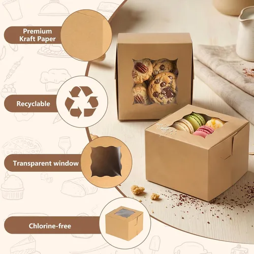 Miniatura 2 de Paquete de 80 cajas de galletas con ventana, cajas de papel kraft de 4 x 4 x 2.5 pulgadas para golosinas, postres, mini pasteles, galletas
