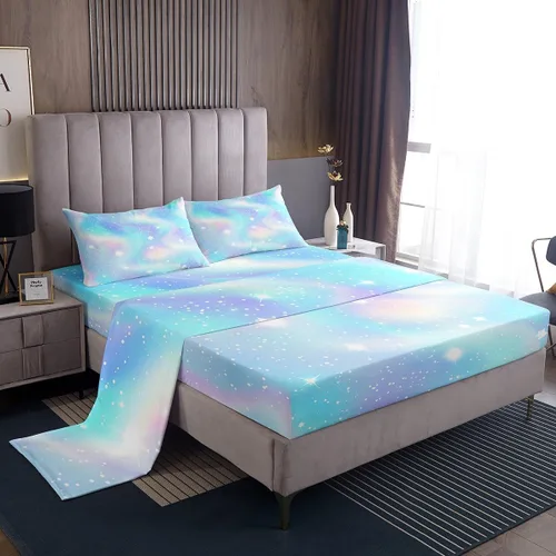 Miniatura 20 de Juego de sábana bajera ajustable de teñido anudado para niñas, juego de ropa de cama con diseño de arco iris degradado de arcoíris, lindo juego