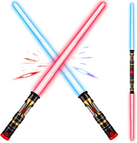 Paquete de 2 espadas iluminadas con sonidos FX (sensible al movimiento) y mango retráctil, espada dual 2 en 1, 3 colores, espada de duelo LED que