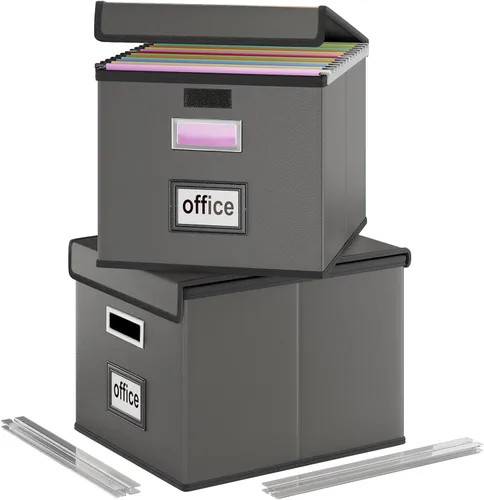 Miniatura 18 de Caja Organizadora de Archivos con Tapa, Caja Organizadora Plegable de Cuero Sintético para Carpetas Colgantes con Rieles de Plástico, Cajas (cuero)