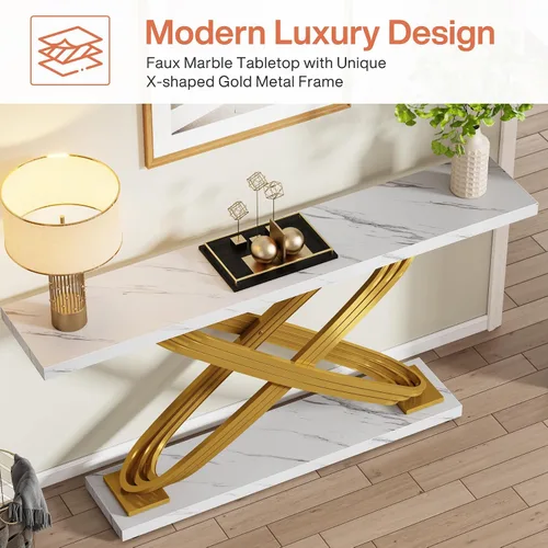 Miniatura 3 de Tribesigns Mesa consola dorada de 55 pulgadas, moderna mesa de entrada de mármol sintético con base geométrica de metal, mesa de sofá larga