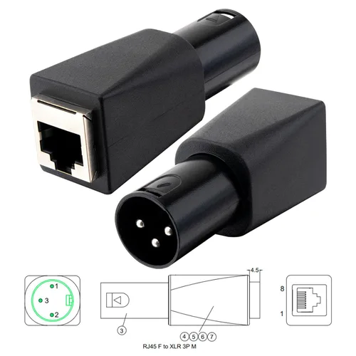 Miniatura 6 de Adaptador DMX a RJ45, DMX512 3 pines XLR macho a Ethernet Cat5 conector de red para iluminación de escenario, equipo de DJ, control de audio y video