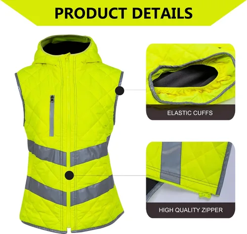 Miniatura 5 de Chaleco de seguridad para mujer, reflectante, de alta visibilidad, con bolsillos y cremallera, ANSI Clase 3 Hi Vis, chaleco de trabajo de invierno