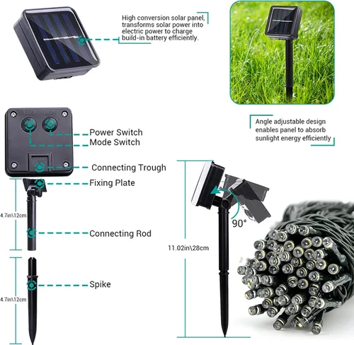 Miniatura 7 de Joomer Luces Solares Navideñas en Cadena, 39 pies, 100 LED, luces impermeables para exteriores con 8 modos de luces centelleantes para jardín