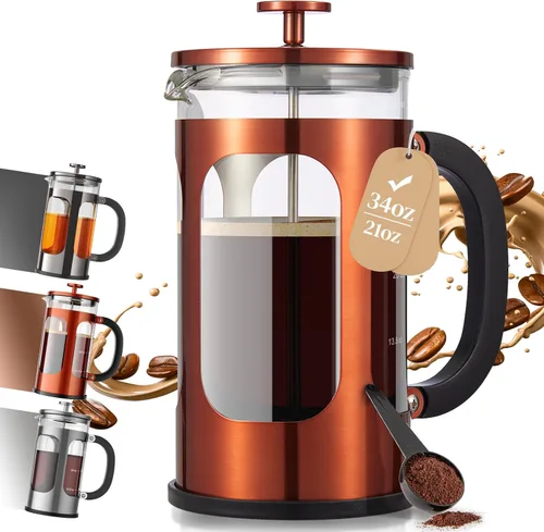 Veken Cafetera de prensa francesa de 34 onzas, 1 L, café sin contacto de plástico, vidrio de borosilicato espesado resistente al calor, cafetera de