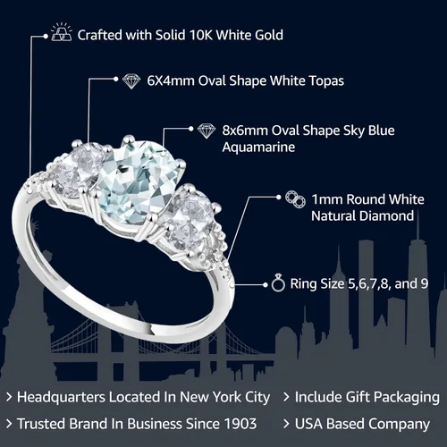 Miniatura 20 de Anillo de compromiso ovalado de oro blanco de 10 quilates con piedra natal y topacio blanco de 3 piedras con detalles de diamante Centro de 0.315