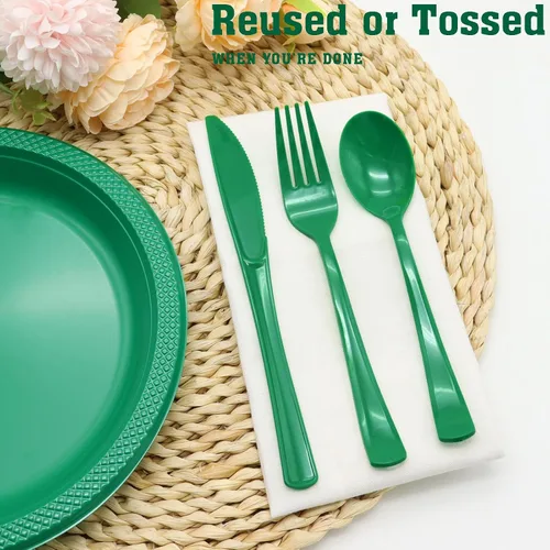 Miniatura 3 de Juego de 300 cubiertos de plástico verde resistente, desechables, incluye 100 tenedores de plástico, 100 cuchillos, 100 cucharas para cumpleaños