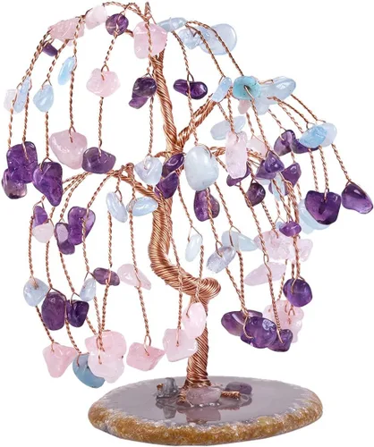 Miniatura 9 de SUNYIK Juego de árbol de dinero de peridoto hecho a mano sobre base de rodajas de ágata natural, árbol de la vida, cristales curativos con virutas