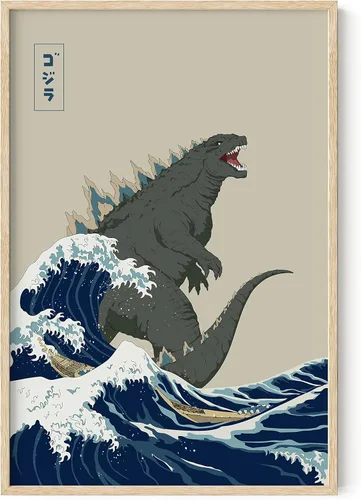 Miniatura 35 de HAUS AND HUES Arte de pared japonés - Póster de rey de monstruos, gran ola, marco negro, 12 x 16 pulgadas Gran Ola Vs. Godzilla