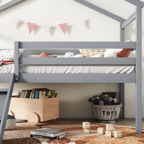 Miniatura 5 de Cama baja de tamaño individual con tobogán y escalera, marco de cama con barandillas de seguridad y techo en forma de casa, para dormitorio