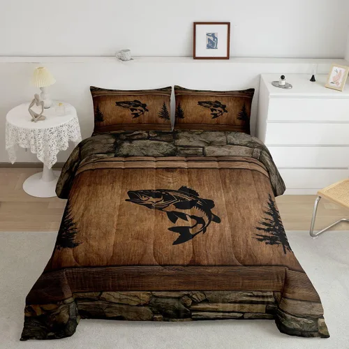 Miniatura 16 de Juego de edredón rústico de oso tamaño completo, juego de ropa de cama de caza de animales salvajes de 3 piezas, edredón de plumón vintage de cabaña