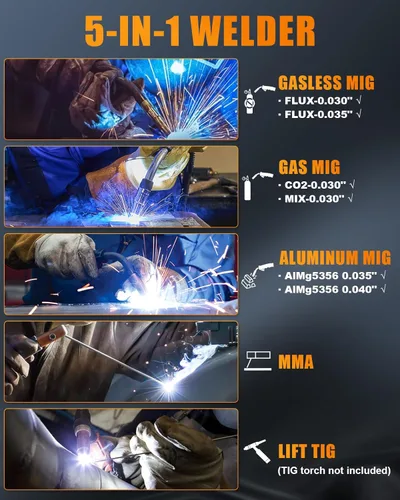 Miniatura 2 de AZZUNO Máquina de soldadura MIG 110V/220V, 155Amp 5-en-1 Gas MIG/aluminio MIG/flujo sin gas MIG/Lift TIG/Stick máquina de soldar, soldador