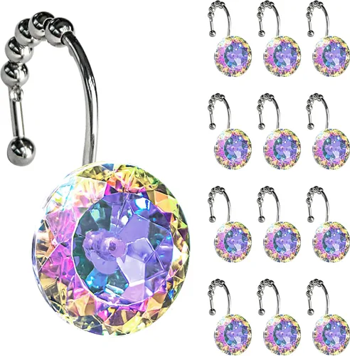 Miniatura 12 de Sunlit Diseño de Lujo Redondo Aqua Azul Diamante Cristal Gema Bling con Bolas Deslizantes Ganchos para Cortina de Ducha, Anillos para Cortina