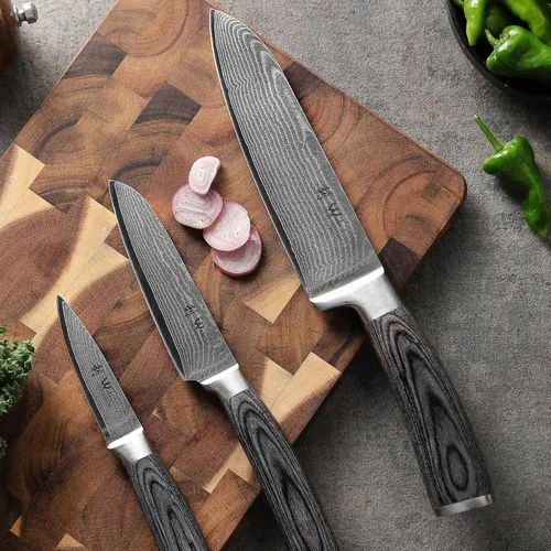 Miniatura 3 de Wakoli EDIS - Juego de cuchillos de damasco de 3 piezas, cuchillos de cocina profesionales con cuchillas de núcleo VG10, acero de Damasco de 67