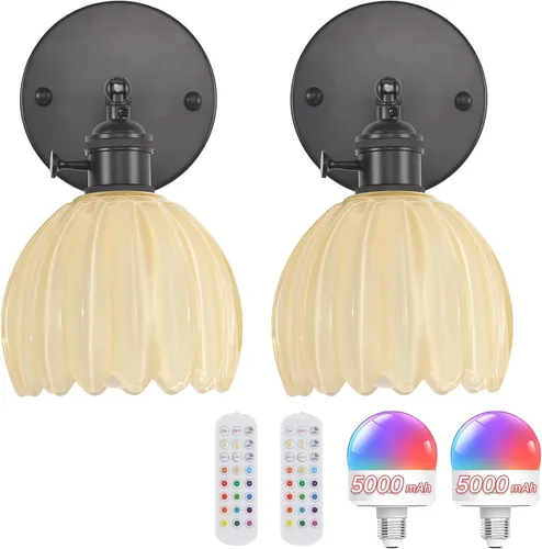 Miniatura 14 de Shenmoyl Candelabro de Pared Operado por Batería con Soporte de Cadena Ajustable, Patrón de Tulipán Verde, Vidrio con Diseño Retro en Oro, Lámpara