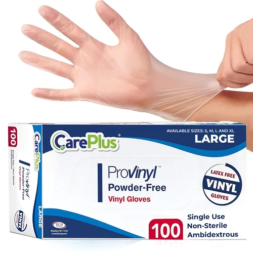 Miniatura 18 de Care Plus – Guantes de vinilo desechables, sin talco, transparentes, sin látex, hipoalergénicos, caja de 100, M Vinilo transparente