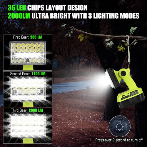 Miniatura 3 de Linterna de 18 W compatible con batería Ryobi de 18 V, luz de 2000 lúmenes, 18 V, proyector de 18 V con puerto USB, puerto tipo C, cabezal giratorio