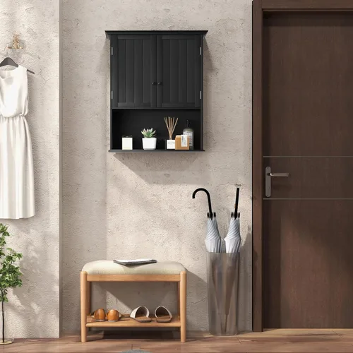 Miniatura 4 de LOKO Armario de pared para baño, botiquín de doble puerta con compartimento abierto y estante ajustable, armario de almacenamiento montado