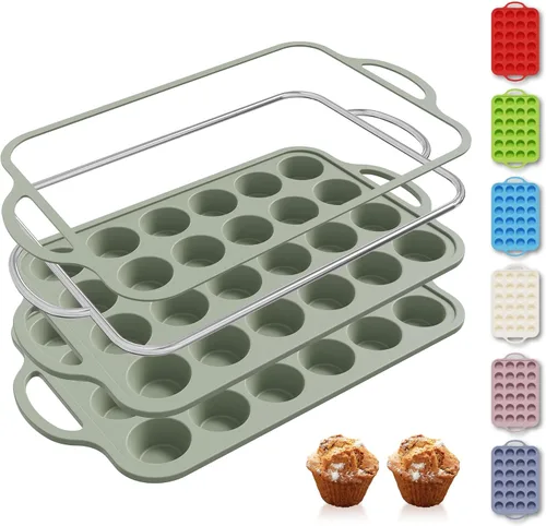Miniatura 32 de 2 paquetes de 12 tazas de molde para magdalenas de silicona para hornear con marco reforzado de metal, molde para cupcakes de tamaño regular, Crema