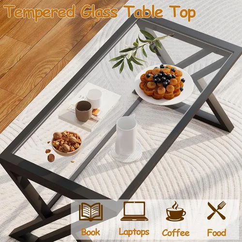 Miniatura 4 de Mesa de café Wolawu de vidrio negro para sala de estar, mesa central rectangular moderna con marco de metal resistente, mesa de té de vidrio