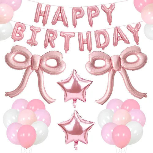 Miniatura 9 de 4 piezas de globos de moño rosa, decoración de fiesta de moño para mujeres, globos de cumpleaños rosa para mujeres, globo gigante de papel