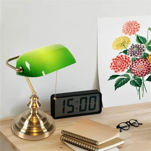 Miniatura 7 de Lámpara de escritorio de banqueros de cristal verde con interruptor de cadena de tracción, lámpara de biblioteca vintage con base de latón