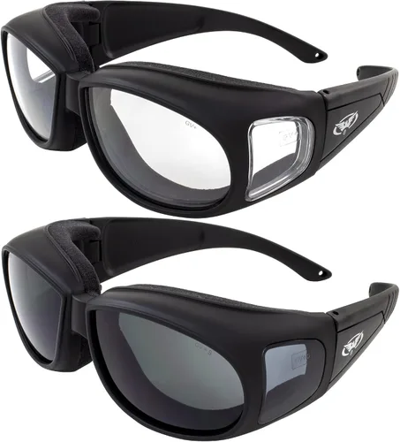 2 pares de anteojos de sol de seguridad para motocicletas se adapta a la mayoría de lentes recetados, humo y claridad noche y día, cumple los