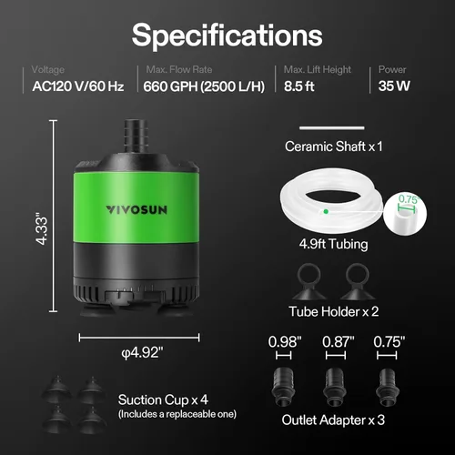 Miniatura 7 de VIVOSUN 660 GPH 35W - Bomba de agua sumergible, con caudal de agua ajustable, tubo de 4.9 pies, eje cerámico adicional y adaptadores de salida