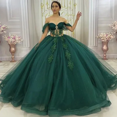 Miniatura 6 de Mouccy Brillantes con cuentas dulces 15 16 vestidos fuera del hombro encaje quinceañera vestidos de tul hinchado vestido de baile de graduación