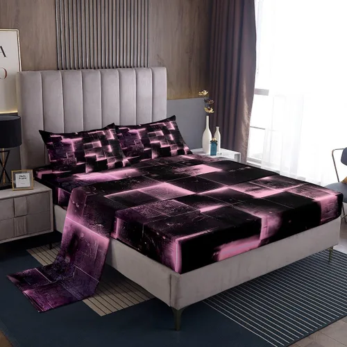 Miniatura 29 de Erosebridal Juego de sábanas de cama negro y rojo, juego de sábanas de tamaño individual abstracto moderno, sábanas a cuadros brillantes 3D, juego