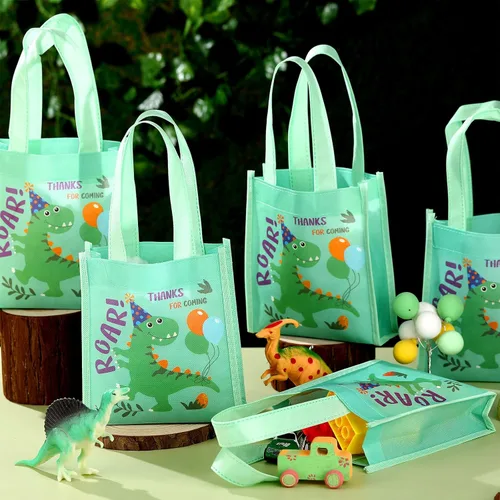 Miniatura 7 de Kajaia 24 bolsas pequeñas de dinosaurio para fiesta, regalo de dinosaurio, reutilizables, caramelos, dinosaurios, no tejidas, bolsas con asas